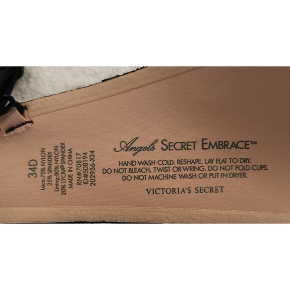 Victoria's Secret Bra Size 34D Angels Secret Embrace Black Lace Over Beige EUC - Picture 8 of 9
